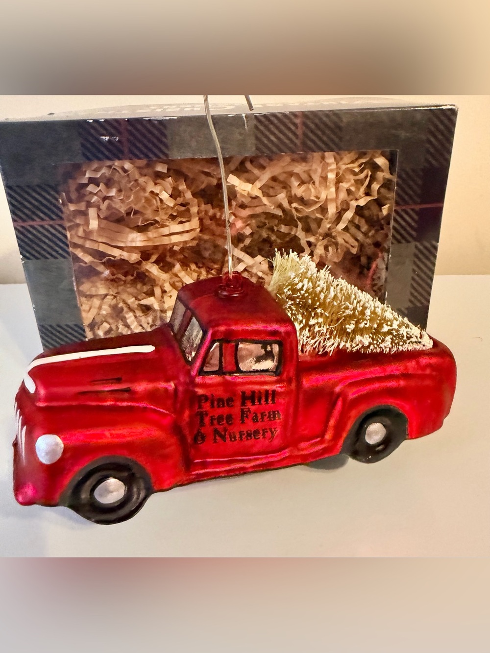 Pine Hill Tree Farm Red Truck Glass Christmas Ornament w Box